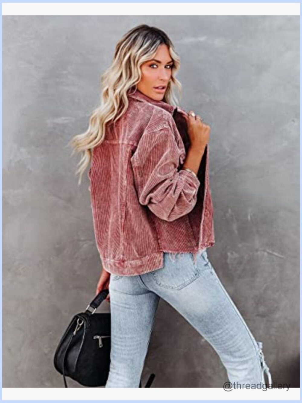 Cropped Corduroy Jacket Casual Button Down Shacket Frayed Hem - Picture 3 of 7